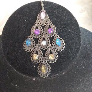 Lightweight Dangle Drop Earrings 9 multi Colored Rinestones on Drop Shape Metal